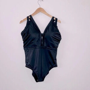 Dreamsuit Ladies One Piece Swimsuit features modest front, cutout v neck summer